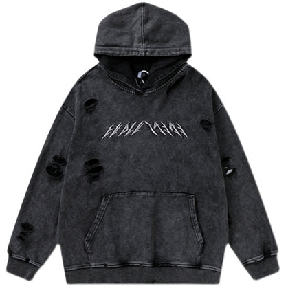 High Street Lettering Embroidered Washed And Distressed Hoodie