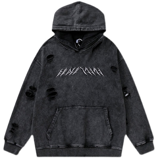 High Street Lettering Embroidered Washed And Distressed Hoodie
