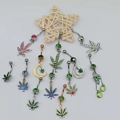 Hot sale CZ dangle belly button rings Gem Weed leaf 316L surgical steel Piercing Jewelry Belly Piercing