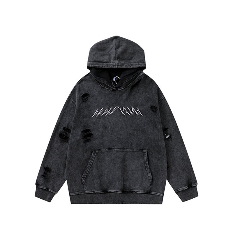 High Street Lettering Embroidered Washed And Distressed Hoodie
