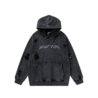 High Street Lettering Embroidered Washed And Distressed Hoodie